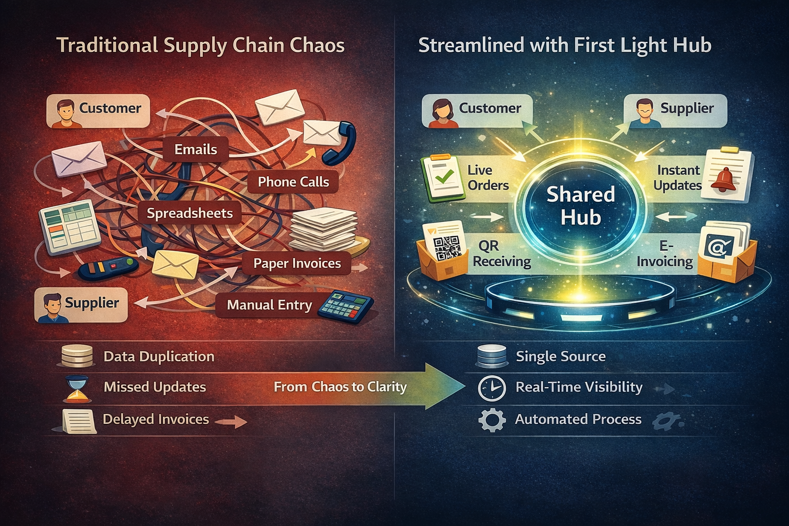 Comparison of traditional supply chain chaos vs streamlined First Light Hub